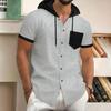 Men's Summer Hooded T-shirt Short Sleeved Button Down Tee with Chest Pocket Waffle Color Block Casual Hoodie T-shirt for Gym Street Wear