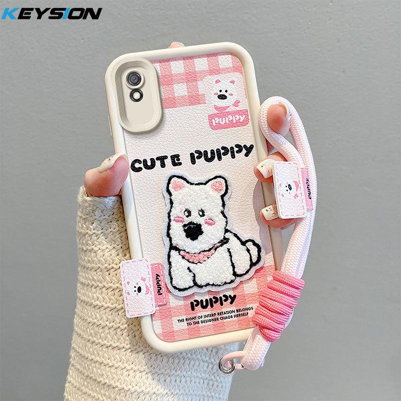 KEYSION Cartoon Cute Plush Embroidery Case for Redmi 10A 9A 9C with Lanyard Silicone Shockproof Phone Cover for Xiaomi Redmi 9C 10A 9A