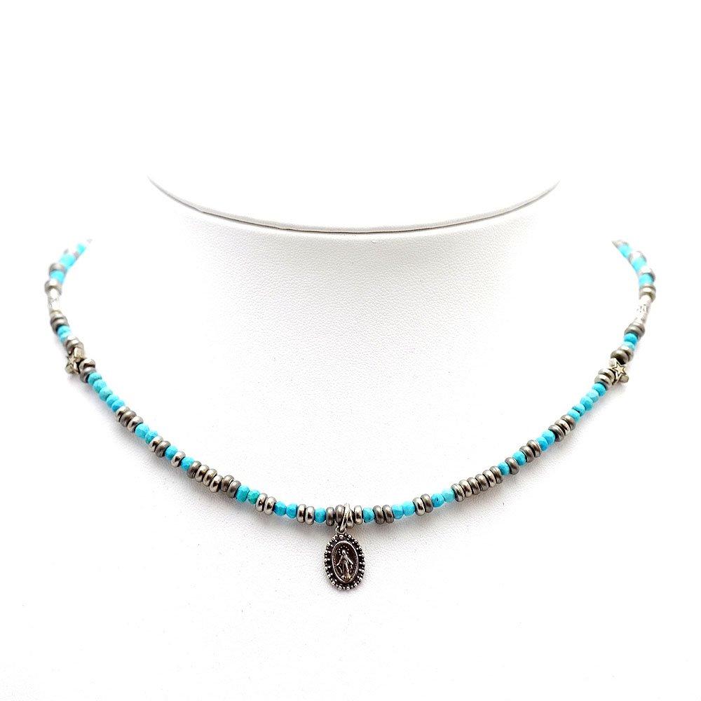 Silver One hi Sterling Silver 925 Miraculous Medal Virgin Mary Turquoise Bead Necklace for Men (Blue) [Width 4mm, Length 46cm]