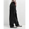 Original Single EMP * YRE Loiter High Waist Black Mineral Wash Embroider Contrast Color Stitching Loose Straight-leg Denim