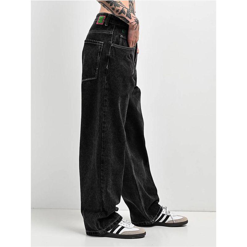 Original Single EMP * YRE Loiter High Waist Black Mineral Wash Embroider Contrast Color Stitching Loose Straight-leg Denim