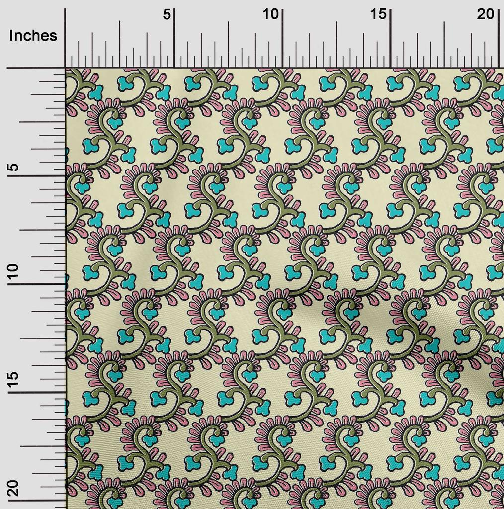 oneOone Cotton Flex Fabric Spiral & Floral Block Printed Craft Fabric BTY 40 Inch