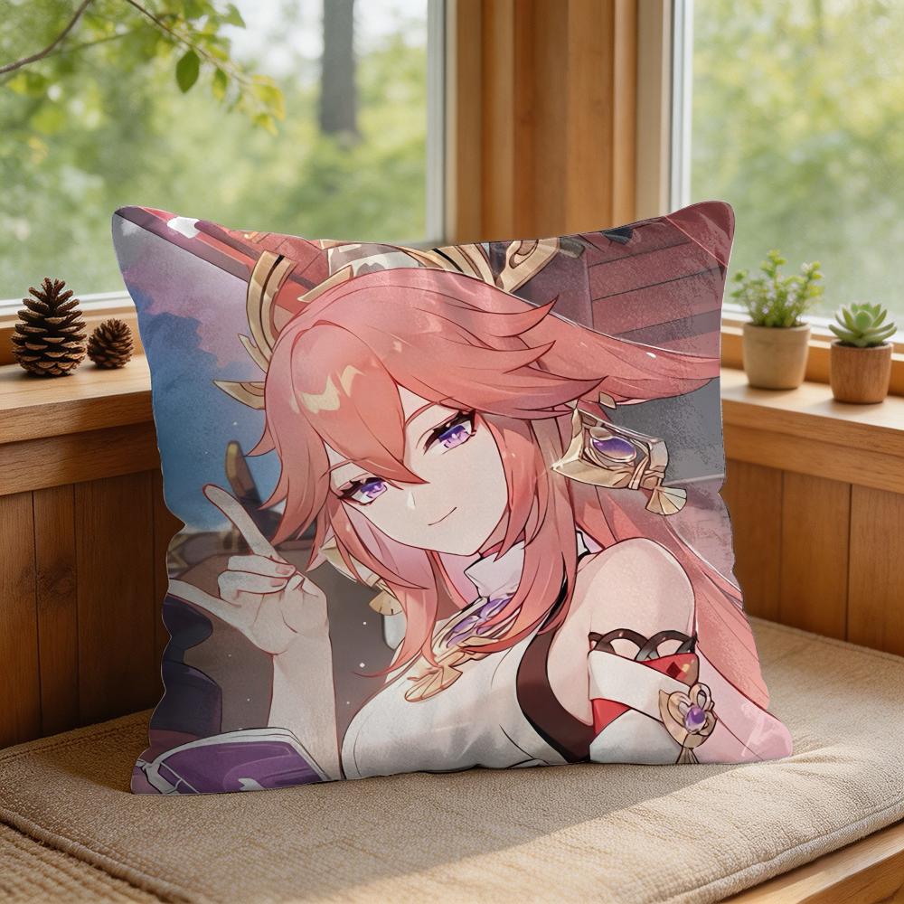 Yae Miko Genshin Impact Cushion Cover Square Short Plush Pillow Case Living Room Sofa Home Decor Funda X
