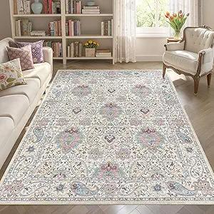 Crystal velvet carpetArea Rug Living Room Rugs: Washable Vintage Floral Oriental Farmhouse Large Thin Indoor Carpet for Bedr