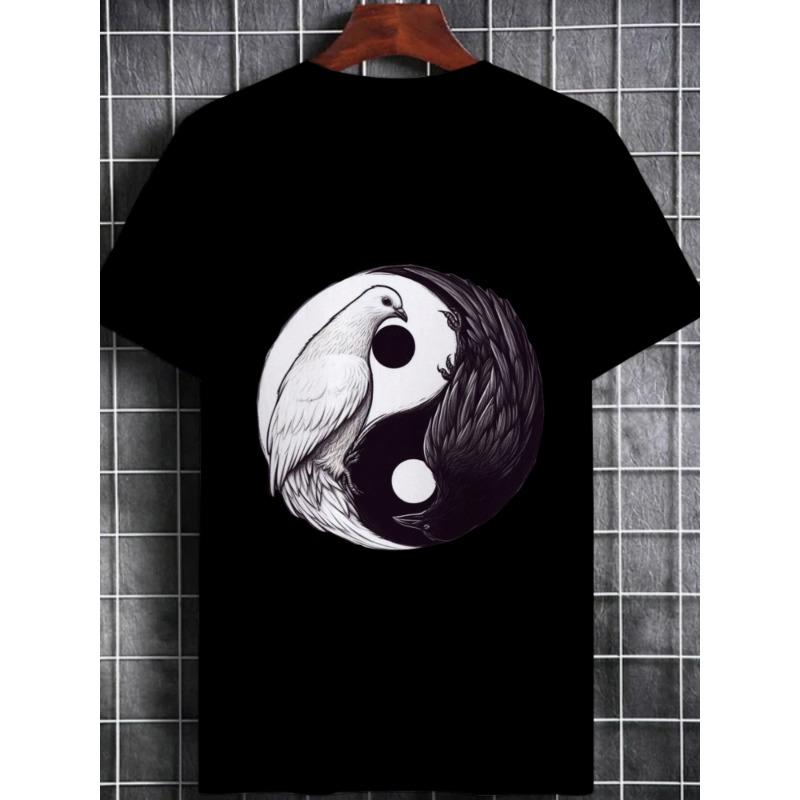 European Sizes Men'S Summer Casual Yin Yang Bird Print T-Shirt,  Lightweight And Breathable, Perfect for Outdoor Activities