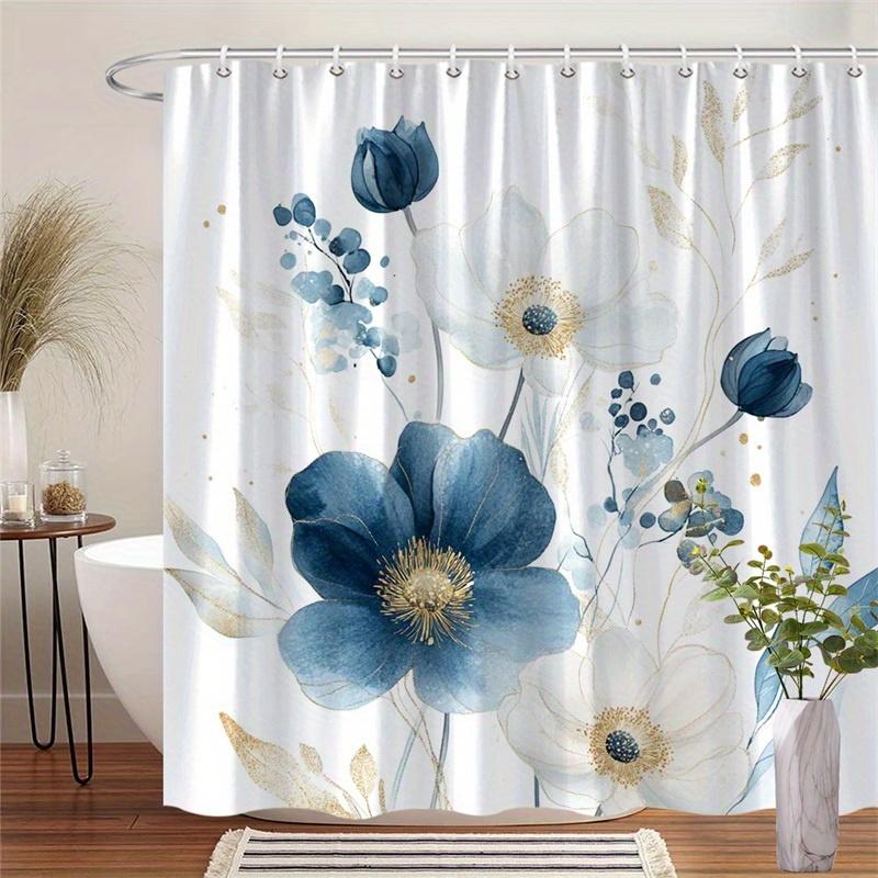 

1 Элегантная цветочная шторка для душа - Сине-золотые ботанические шторы для ванной комнаты, Полиэстер для ванной комнаты, Машинная стирка 90X180cm