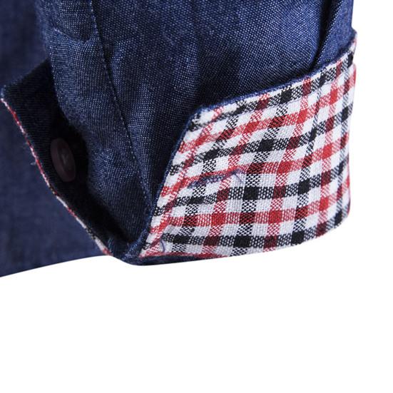 Men Shirt Solid Color Single-breasted Spring Autumn Plaid Patchwork Slim-fitting Jeans Shirt for Office