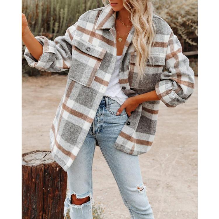 Autumn Winter European and American Women's Wear Autumn/Winter Long Sleeve Polo Collar Loose Plaid Thickened Woolen Coat