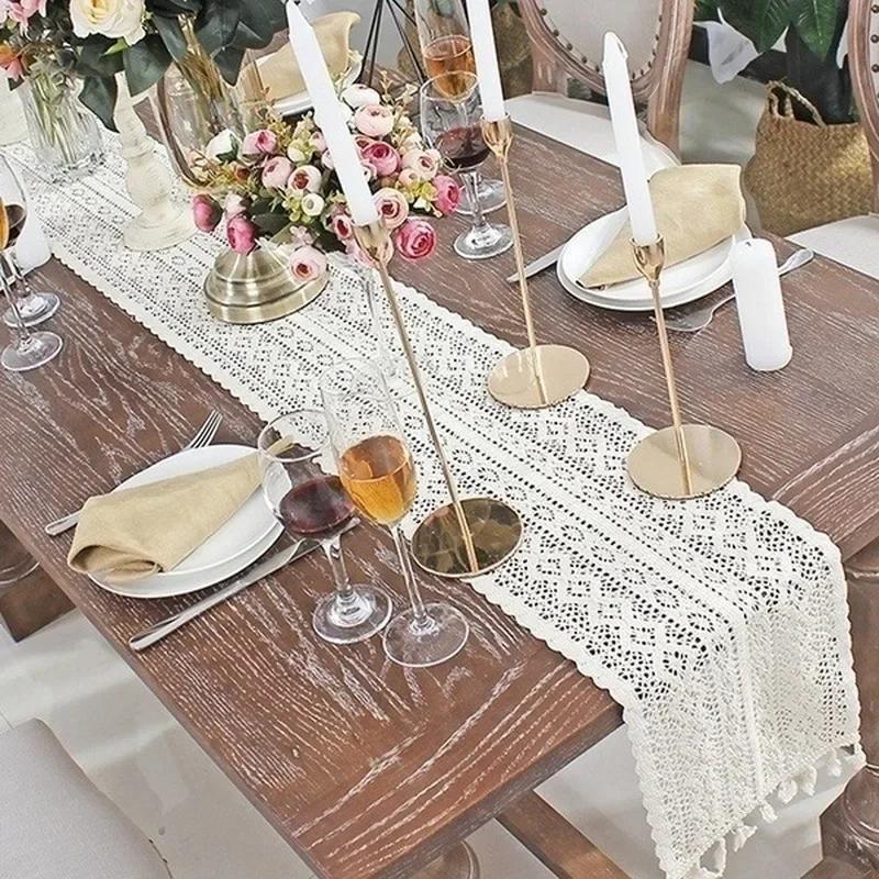 Nordic Crochet Lace Table Runner With Tassel Hollow Tablecloth Romance Wedding Party Table Protector Cover Table Cloth