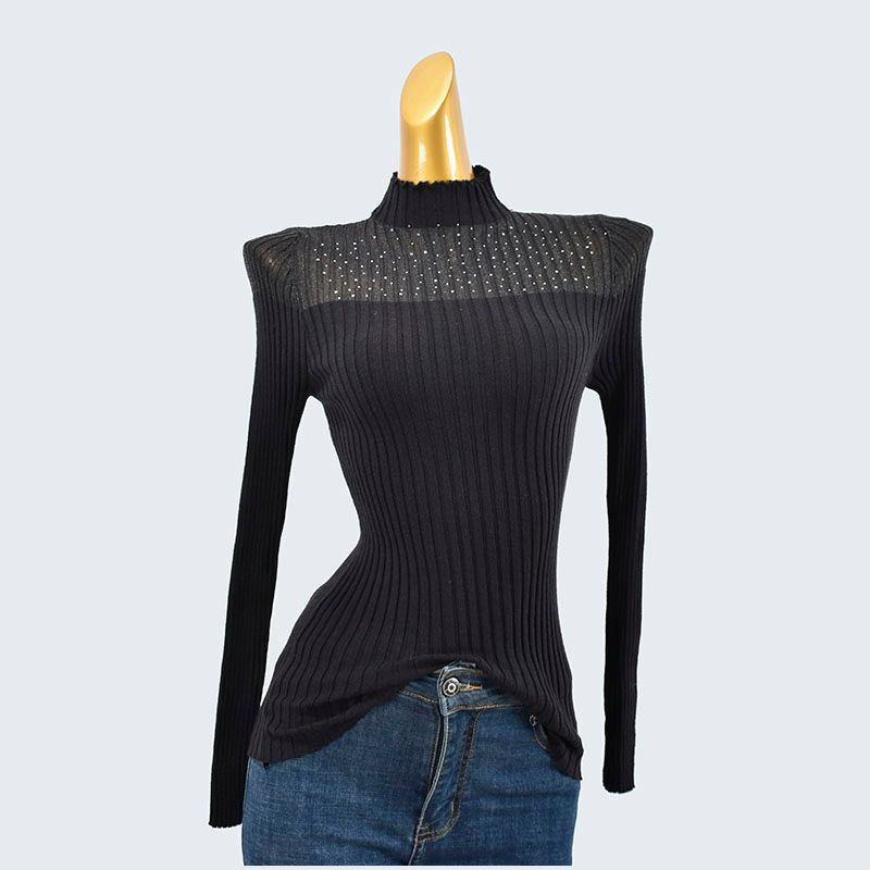 Autumn Half Turtleneck Lace Slim Fit Patchwork Stretch Long Sleeve Hot Rhinestone Pullover Tops Bottoming Shirt Women's Clothing