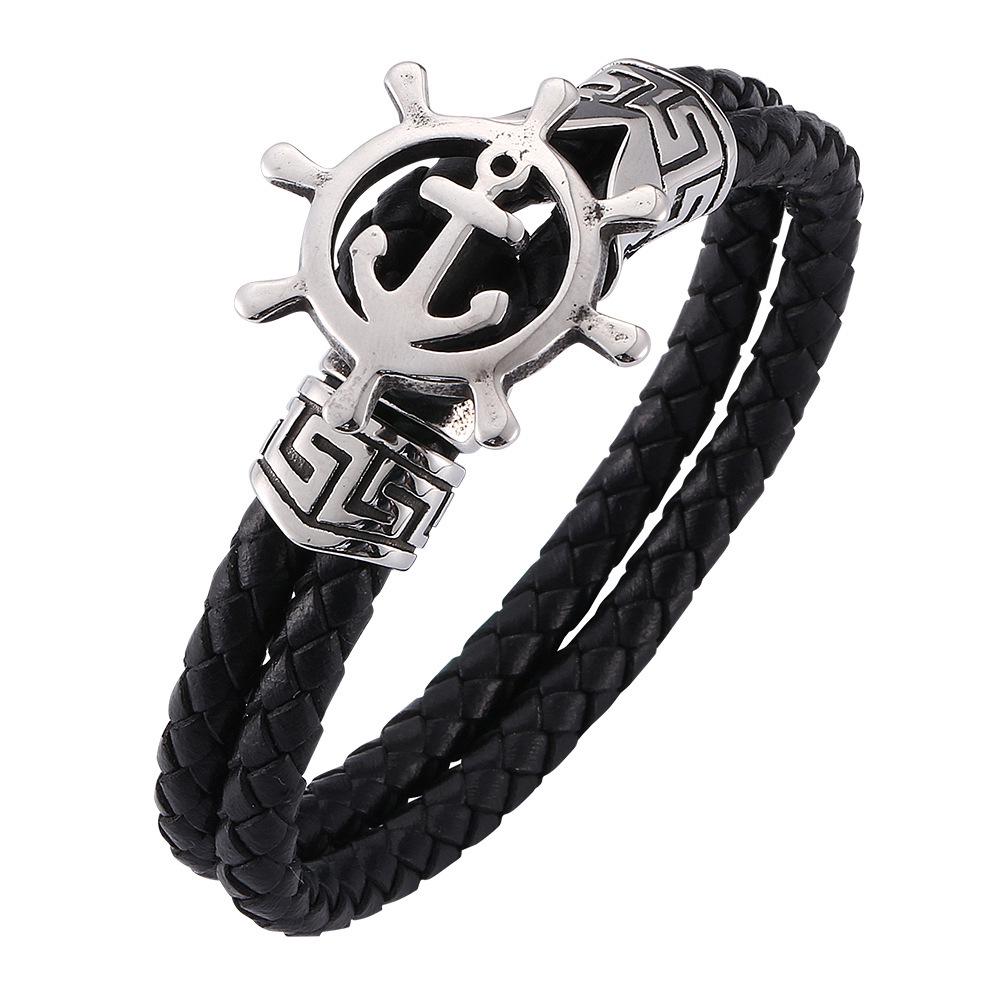 Black Retro Woven Leather Bracelet with Stainless Steel Anchor
