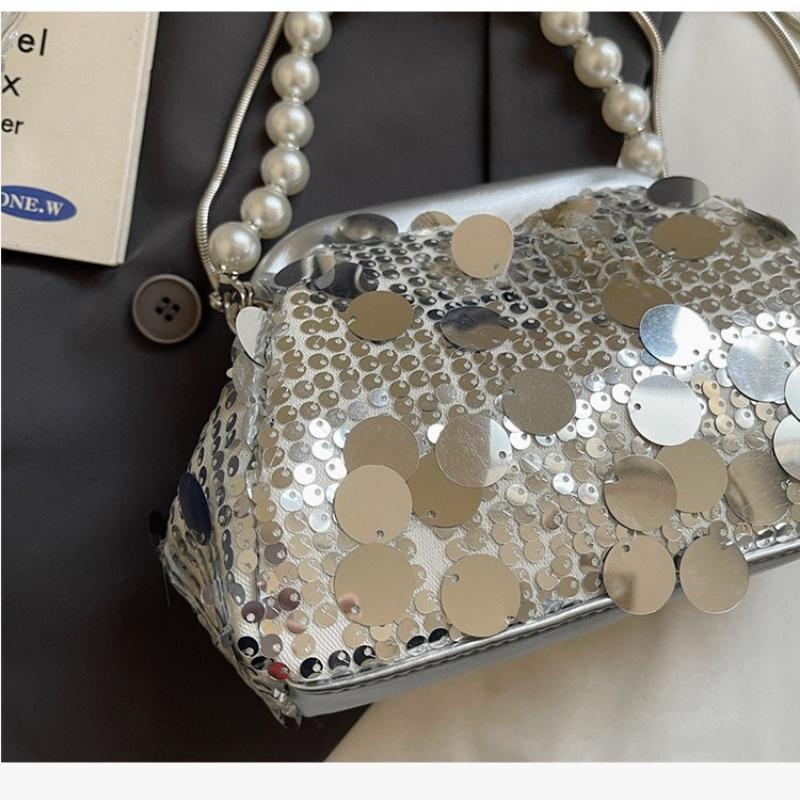 Ladies' Handbag, Women's Light Luxury Socialite Style Dinner Bag, Sequin Clip on Pearl Chain Handbag, Lace Flower Wedding Bag