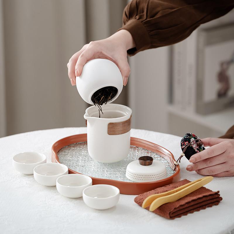 Coarse pottery travel Chinese-style simple Lingxue tea set, household simple outdoor portable souvenir tea