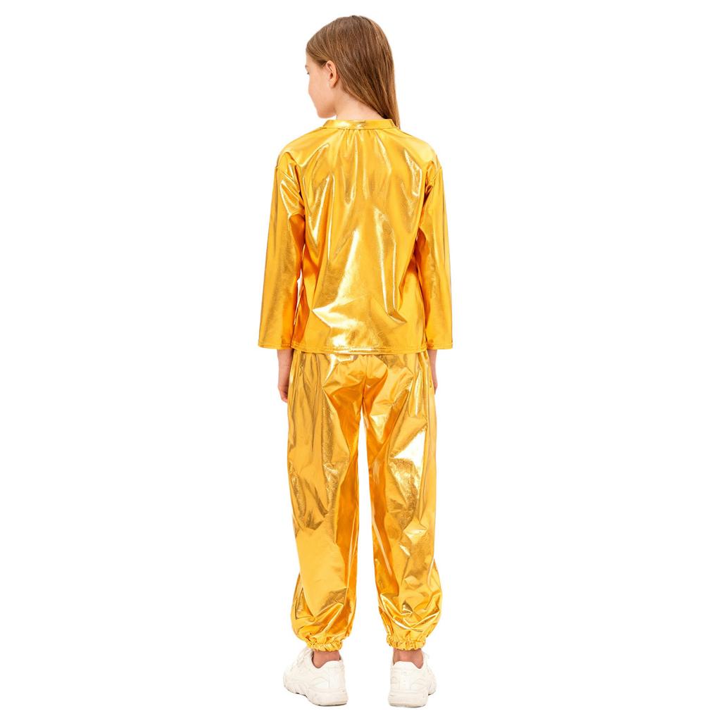 Kids Girls Dance Performance Outfit 2-Piece Set: Metallic Shiny Long Sleeve T-shirt & Matching Shiny Pants for Stage & Party