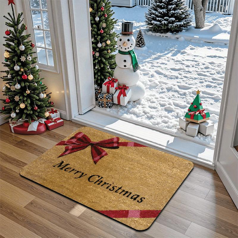 Merry Christmas Doormat Carpet, Red Plaid Bow Golden Lettering Outdoor Entry Mat, Machine Washable for Porch Front Door Decor 40x60cm