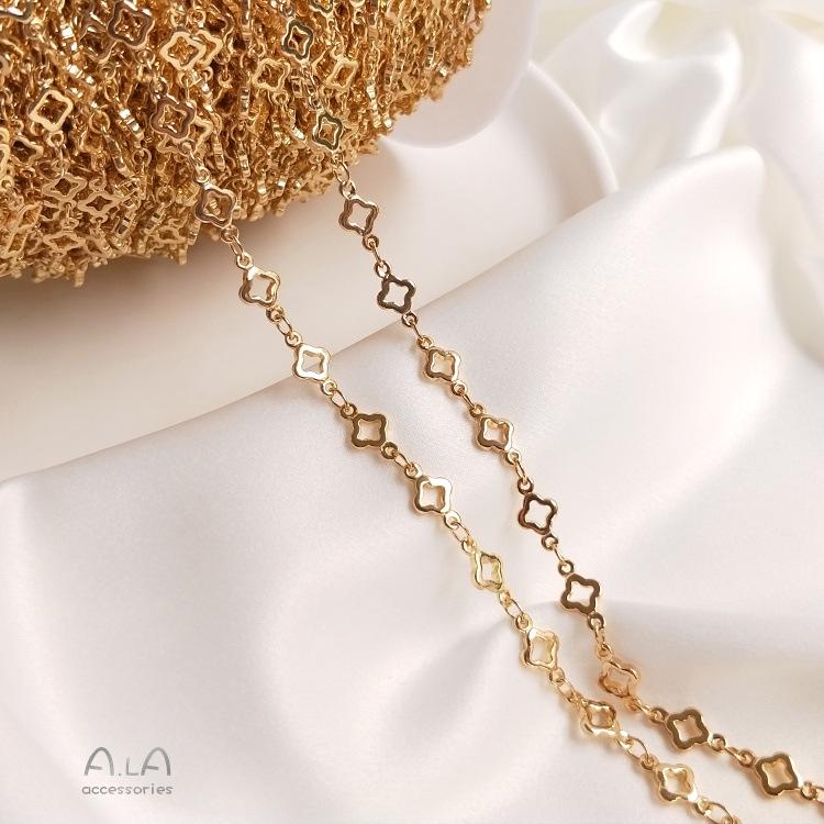 14K Gold Korean Handmade Copper Chain Bag with Star, Heart, Rhombus, and Four-Leaf Clover Charms for DIY Jewelry.