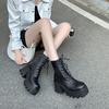 2025 Frühling und Herbst neue Martin Stiefel Damen Plateau Erhöhung Kurzstiefel Einzelstiefel Britischer Stil Dicke Ferse Hoher Absatz Quadratische Spitze Zeigt fe