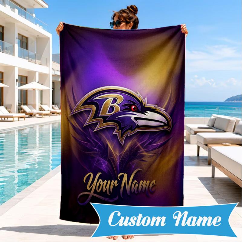 Custom Name football Ravens Logo Personalized Microfiber Beach Towel, Quick-Dry, Ideal for Summer Travel, Beach Essential, Swimming