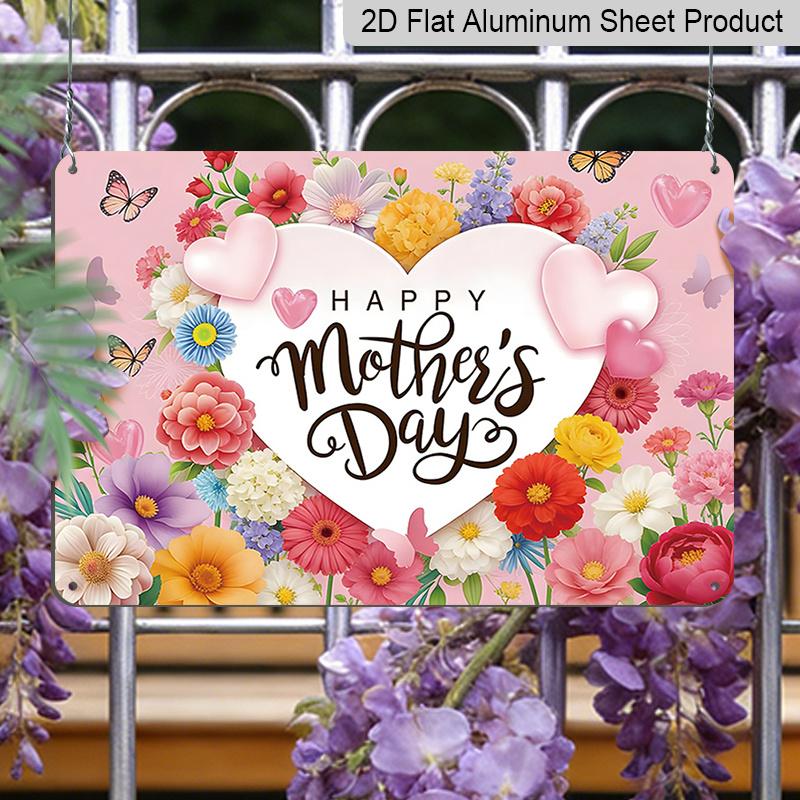2D Flat, 1pc "Happy Mother's Day" Floral Plaque, 12"×8" - Pink Heart & Flower Decor Sign, Multicolor - Aluminium Wall Hanging Decoration for Home