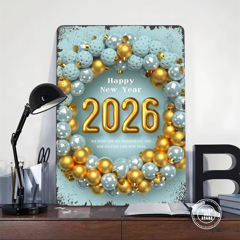 Happy New Year 2026 Ornament Wreath Poster Customized Wall Art Vintage Metal Signs Retro Tin Plaque for Man Cave Bathroom Decor