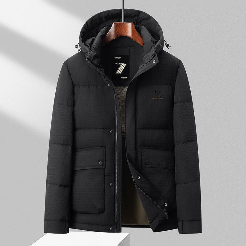 

Зимняя новая однотонная жаккардовая куртка средней длины с тремя защитными свойствами для мужчин, утолщенная белая утиная пуховая куртка с капюшоном для мужчин 4XL чёрный