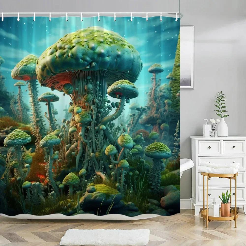 Fantasy Mushroom Shower Curtains Fairy Forest Tree Gothic Panel Jungle Green Zen River Bathroom Decor Shower Curtain With Hooks