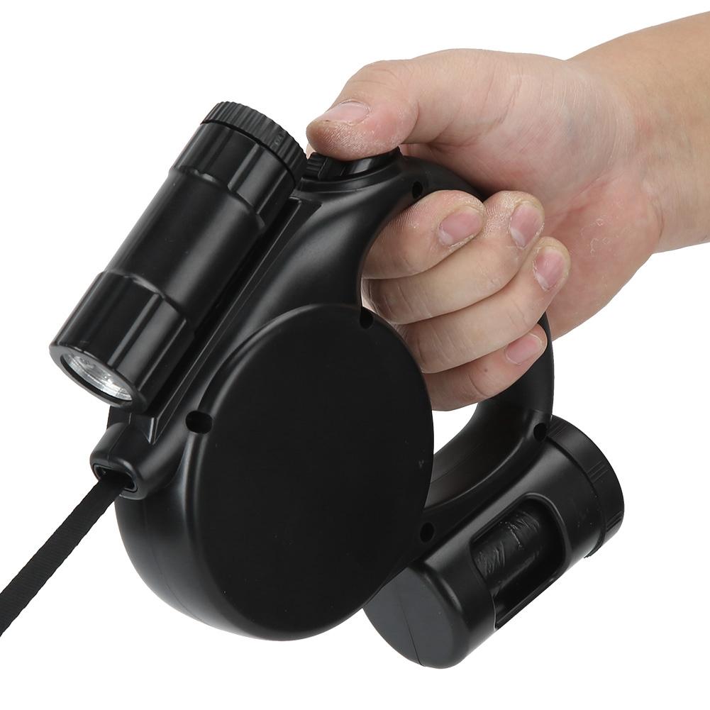 3 in 1 Black Plastic Portable Pet Automatic Retractable Traction Leash Rope with LED Light Garbage Bag for Dogs Cats