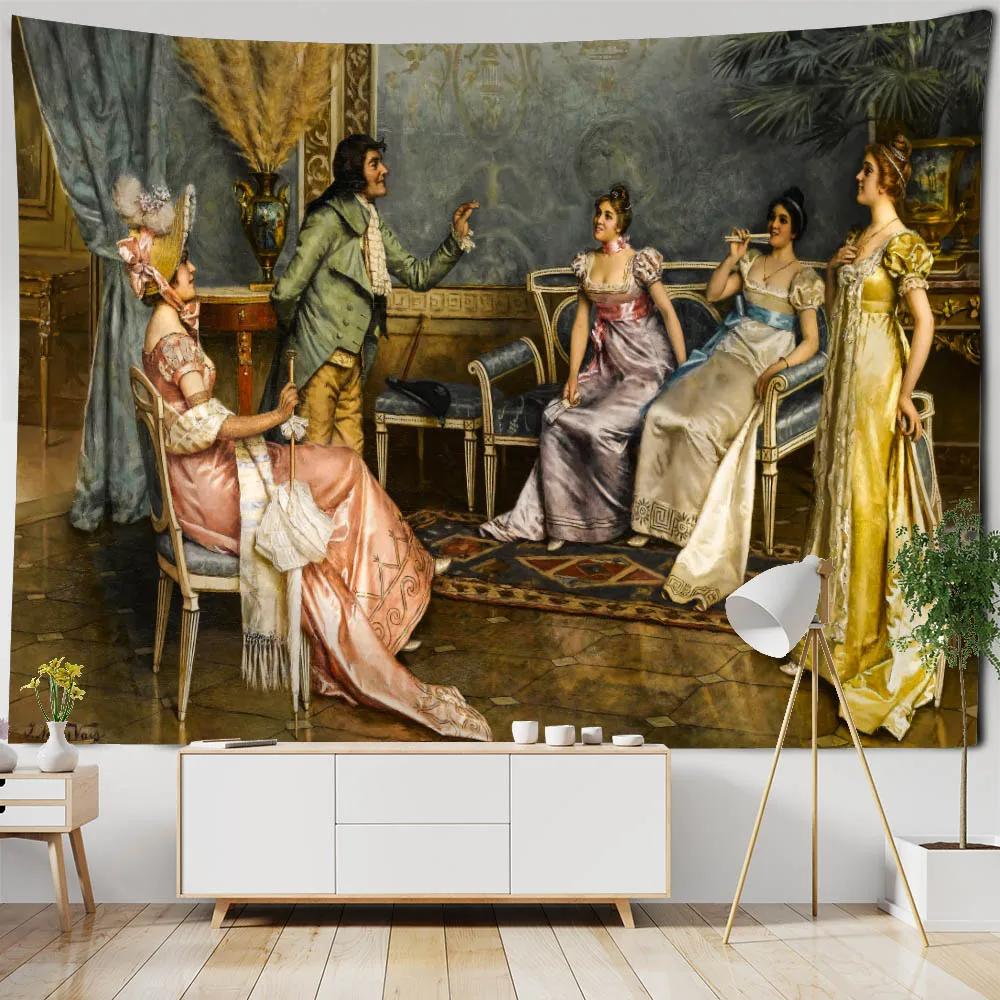 Vintage Oil Painting Art Printing Tapestry Wall Decoration Art Room Background Cloth Aesthetic Home Decoration Accessories