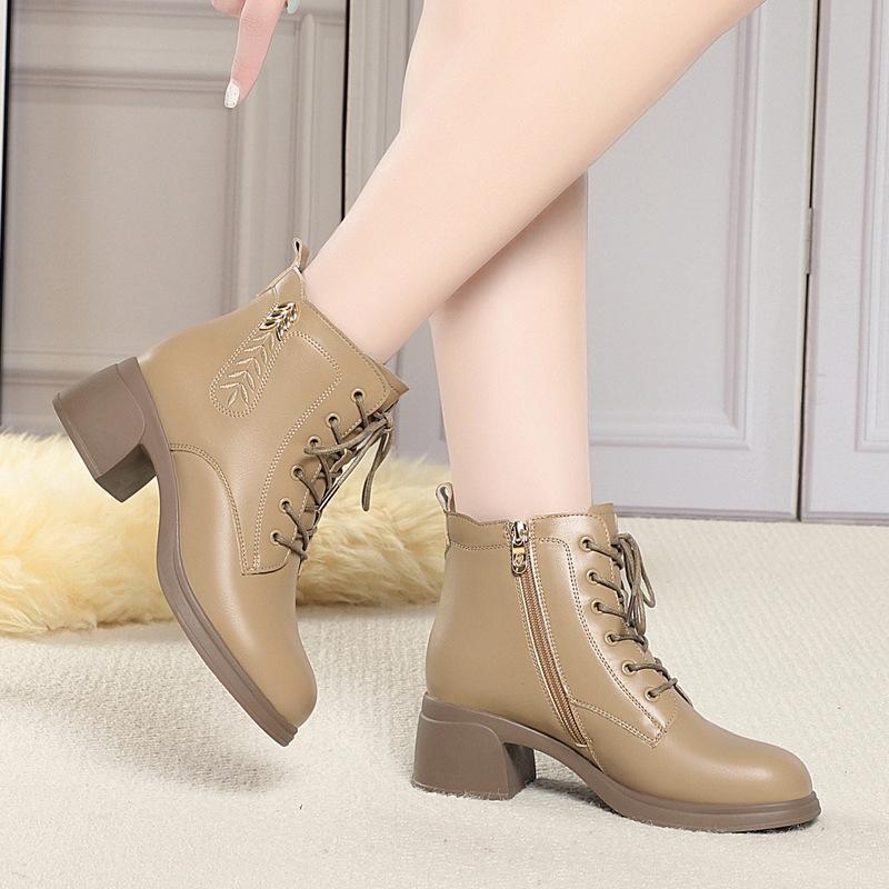 4.5cm British Style Black Soft Leather Boots Women's Square Heels Shoes Fall Winter 2025 Med Heeled Short Fur Ankle Boots Mom
