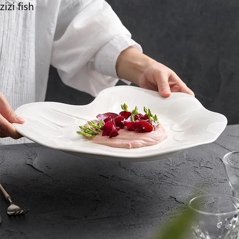 Farfurie Ceramică Alb Pur în Formă de Frunză de Lotus, Farfurie de Desert Iregulară, Farfurie pentru Sushi, Veselă Specială pentru Bucătărie Moleculară