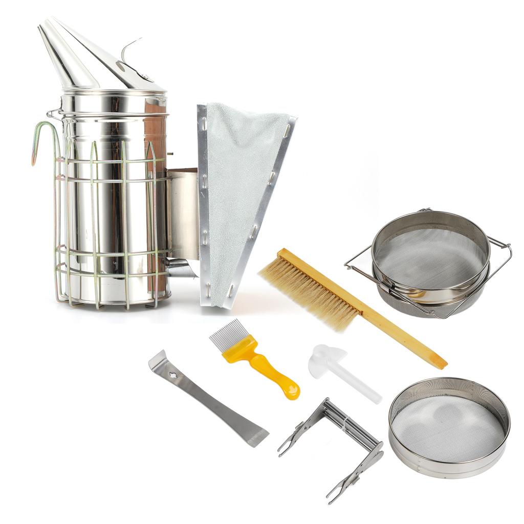 Beekeeping Starter Set Bee Brush Scraper Frame Clip Beehive Smoker Double Mesh Screen Water Feeder