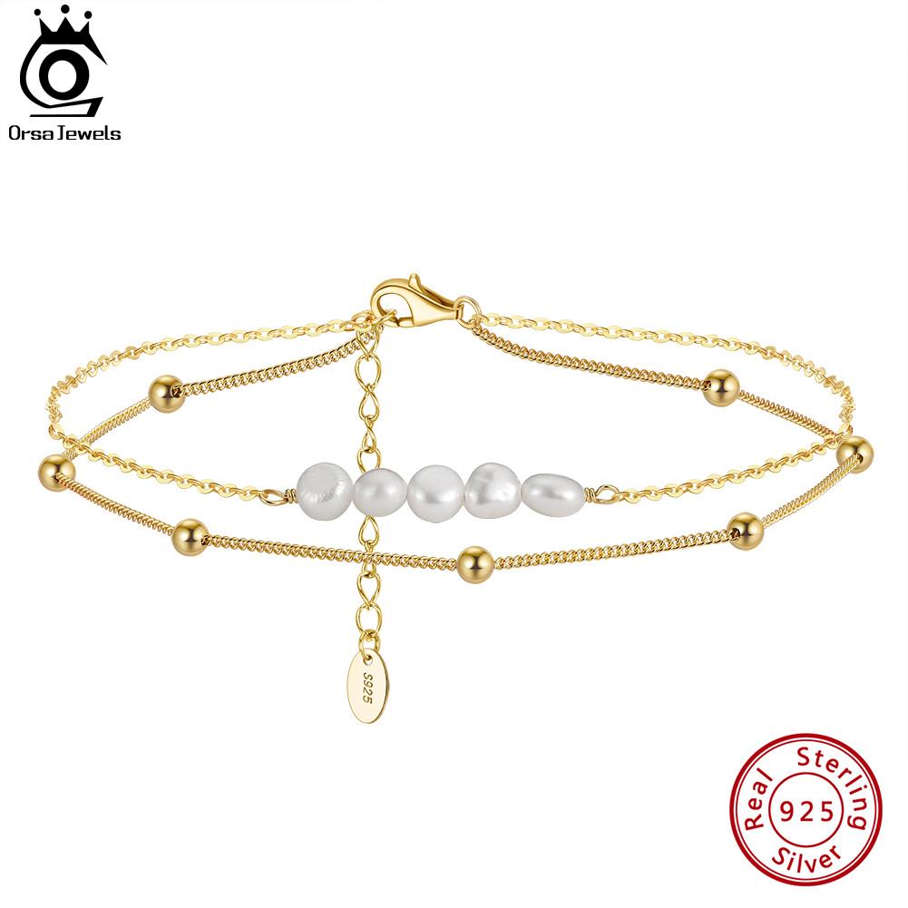 ORSA JEWELS Layered Natural Pearl Chain Anklet for Women Girl 925 Silver Fashion Summer Beach Foot Bracelet Anklets Jewelry SA50