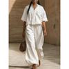 women's Pleated Stand Collar 2 Piece Set Short Sleeve Shirt Wide Leg Pants Casual Summer Outfit