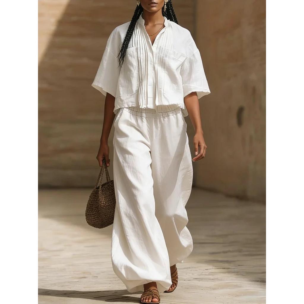 women's Pleated Stand Collar 2 Piece Set Short Sleeve Shirt Wide Leg Pants Casual Summer Outfit