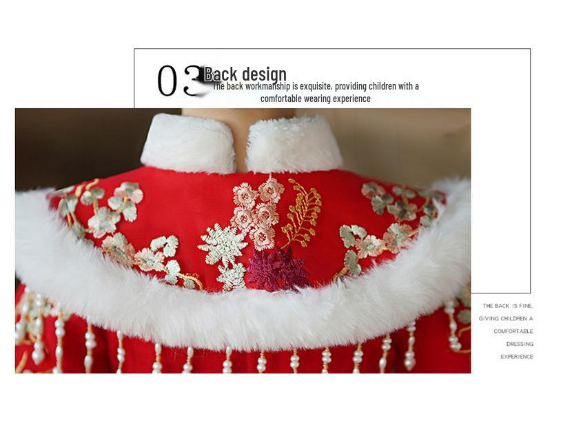 Girls' Velvet-Lined Winter Hanfu Dress - Chinese New Year Festive Outfit