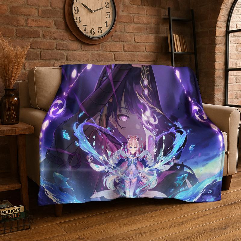 New Genshin Impact Cartoon Game Flannel Blanket Soft Warm Throw Blanket for Bedroom Living Room Bed Travel Camping Picnic Gift