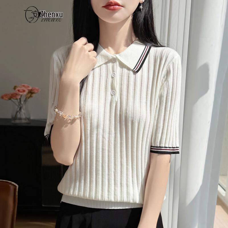 Women s Fine Wool Blend Polo Collar Colorblock Short Sleeve Knit T-shirt XL
