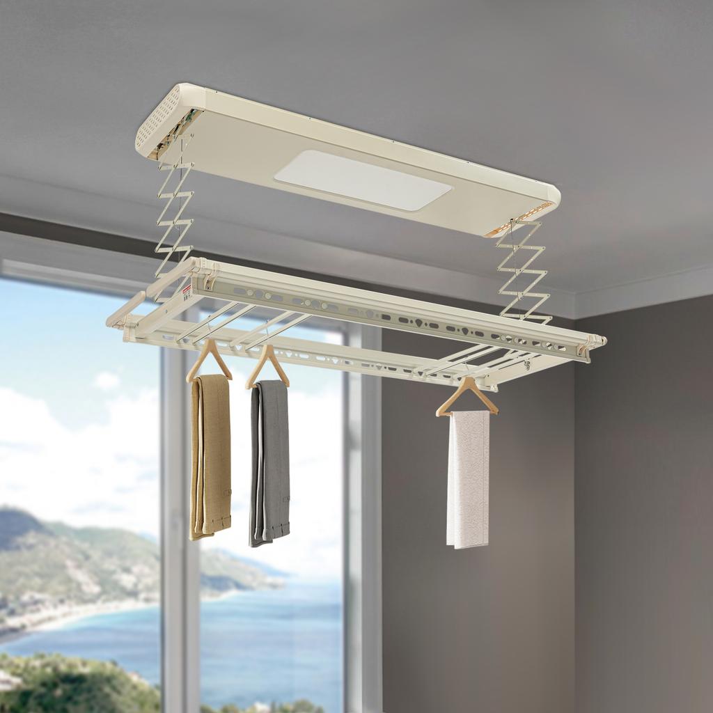 Retractable Electric Clothes Drying Rack with LED Light & Remote, 8-Rod Ceiling Mounted Laundry Airing Rack, 35kg/77lbs Capacity