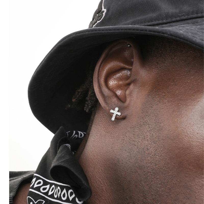 New Rhinestones Cross Earrings for Men Personality Hip-Hop Pair Stainless Steel Stud Earrings Male Women's Party Jewelry