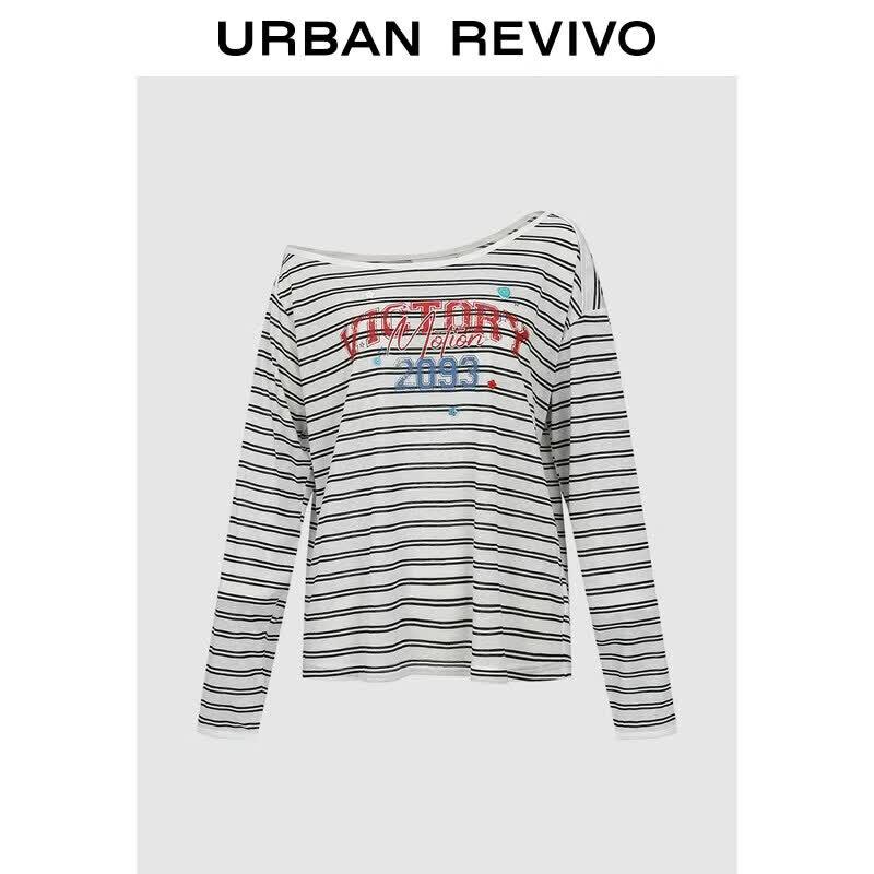 UR2026 Women s Retro Striped One-Shoulder Long Sleeve T-Shirt S