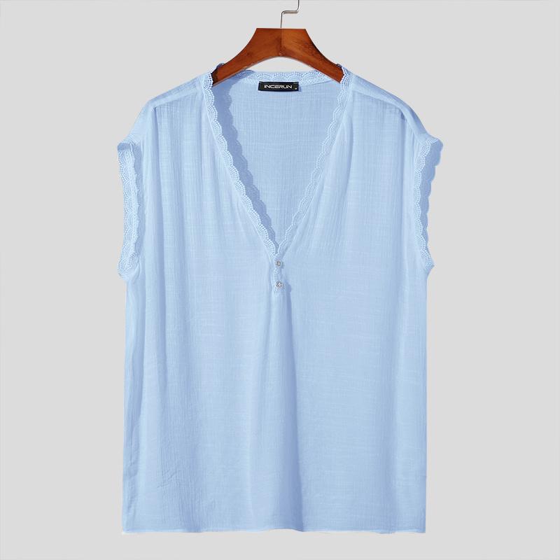 

INCERUN Летний мужской жилет без рукавов с глубоким V-образным вырезом и кружевным вязанным крючком топом на бретелях 3XL синий