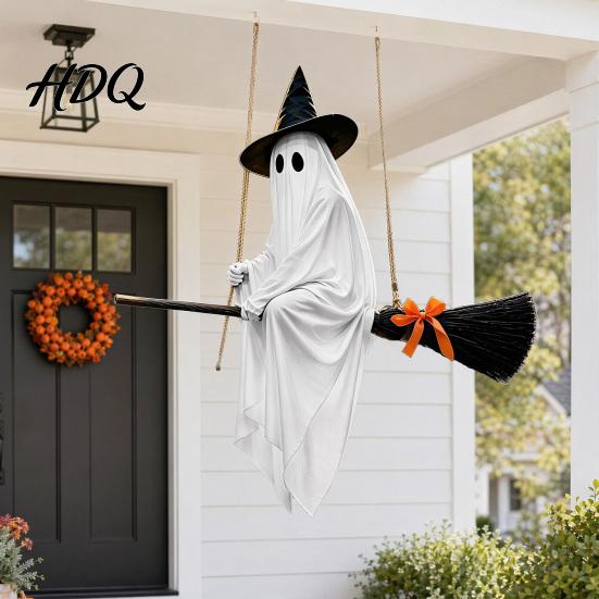 Glowing Ghost Hanging Ornament Halloween Decoration with Witch Hat and Broom Spooky Flying Cute Broom for Haunted House Porch Tree Yard Indoor