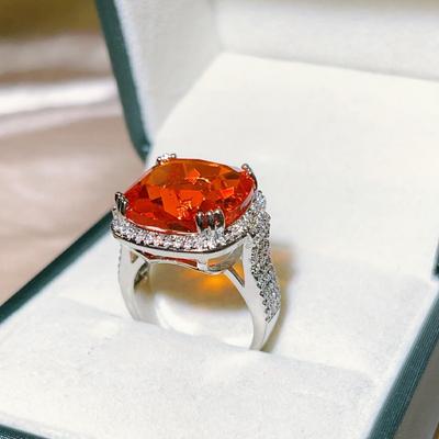 Super Large Orange Princess Cut Zircon Engagement Ring Women Sterling Silver Bridal Proposal Rings  Silver Wedding Band Ring