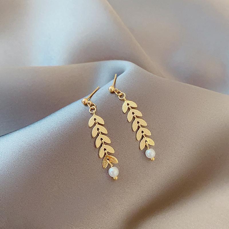 Simple Wheat Ear Pearl Bracelet Necklace Earrings Jewelry Set For Women Temperament Lucky Gold Color Bracelet Charm Jewelry