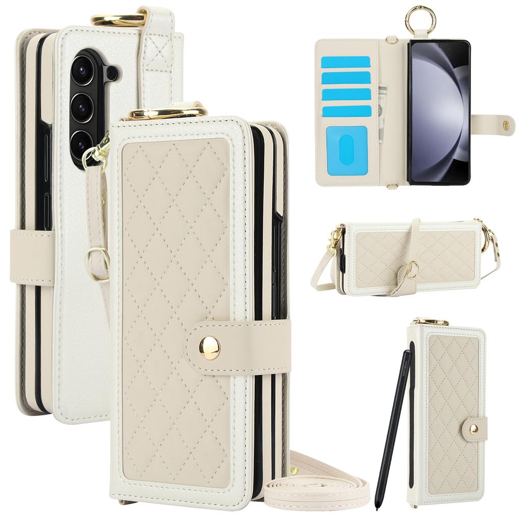 Crossbody Cards Solt Wallet Leather Ring Hold Case For Samsung Galaxy Z Fold 6 5 4 3 5G Wristband Strap S Pen Holder RFID Cover