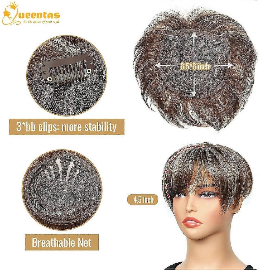 Short Hair Toppers for Women with Thinning Hair Large Full Coverage with 3 Clips Hair Pieces Wispy Bangs(Brown Highlight Blonde) Dark Brown Highlight
