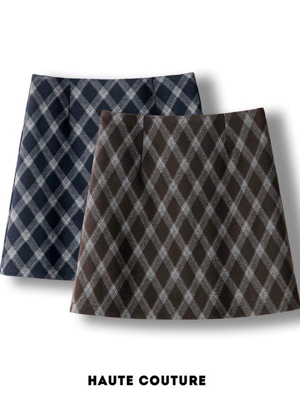 Women's Fashionable Retro Plaid Skirt - Autumn 2025 Style, Petite High Waist, Hip-Hugging Brown Slit Design