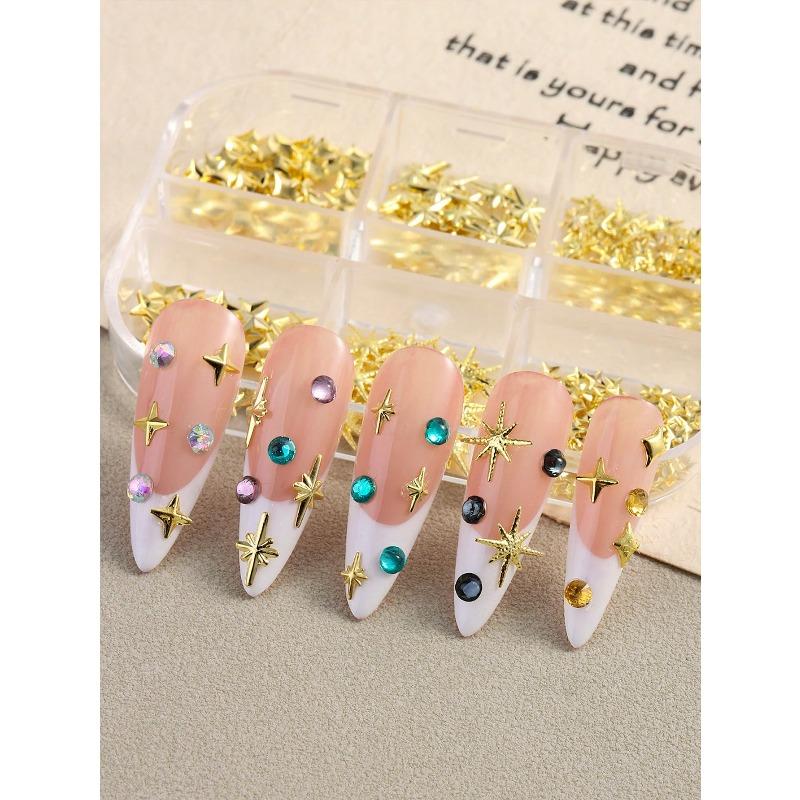 6 Grids/box 3D Star, Pentagon, Gold Color Metal Nail Art Decorations Cross Star, Y2K Nail Jewelry, DIY Nail Charms Nail Art Supplies
