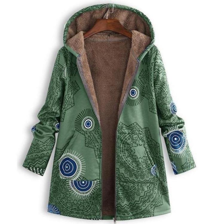 Vintage Floral Fleece Jacket for Women Warm Hooded Long Sleeve Coat with Pockets Casual Fashion Zipper Outerwear