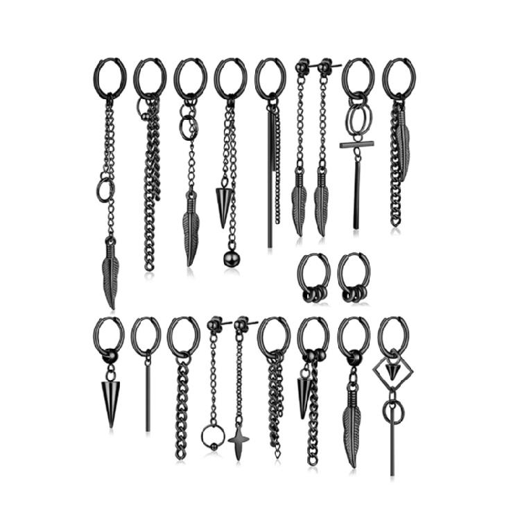 20 шт. Асимметричные серьги Черные Серебристые Потертые Шарнирные Кольца Женские 1 чёрный